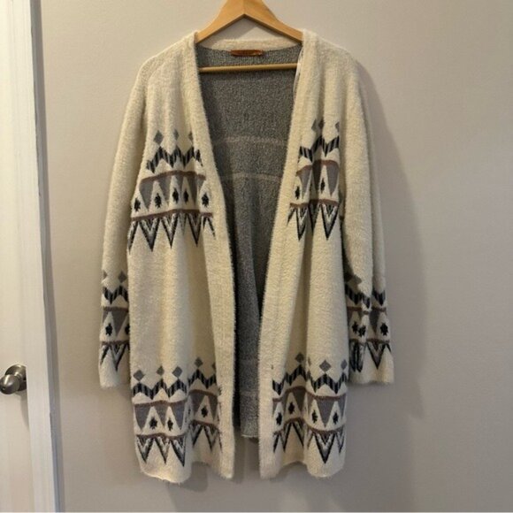 Belladini Cabincore Geometric Knit Open Front Long Cardigan Cream 2X - Picture 2 of 10